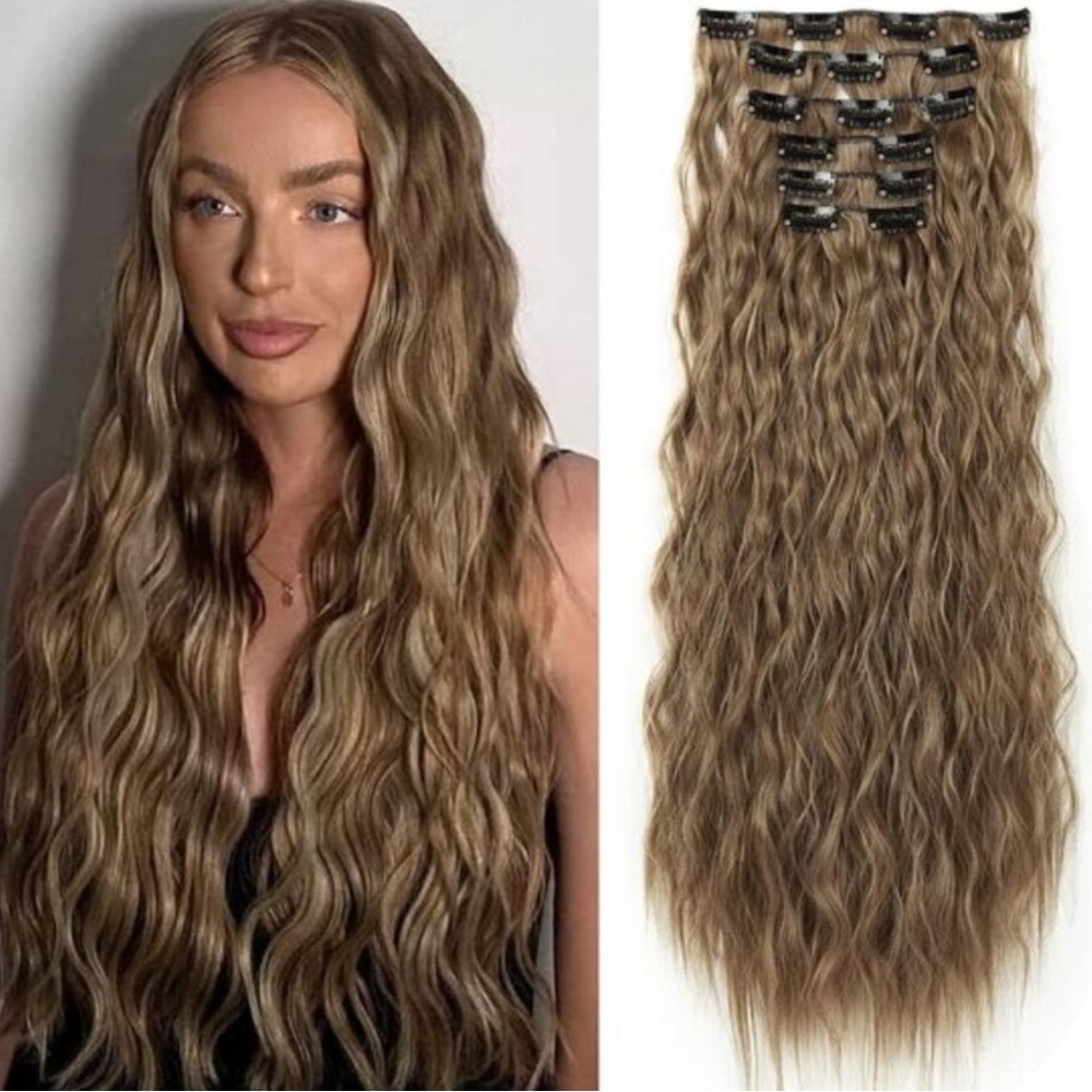 6PCS 24" Synthetic Curly Wavy Dark Ash Blonde Highlights Clip-In Hair Extensions